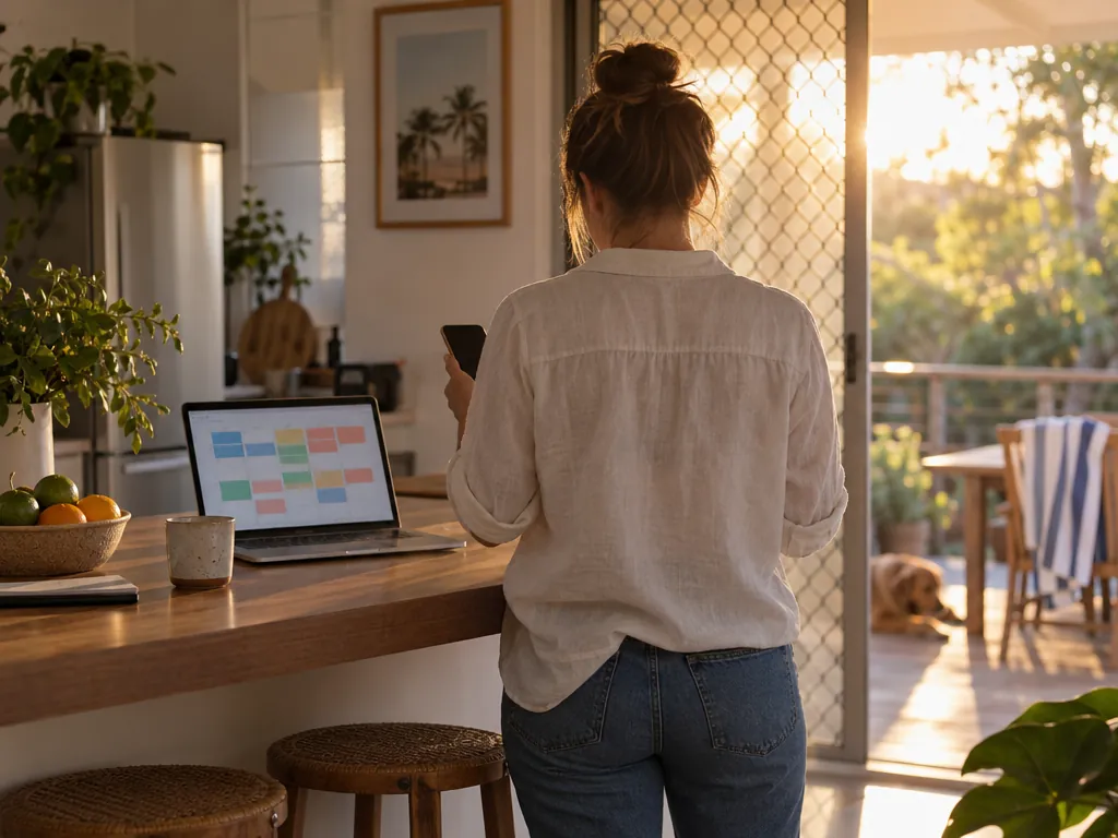 A person seen from behind in a linen shirt and jeans stands at a kitchen bench holding a phone. A laptop beside them shows a grid of coloured blocks, with a speckled mug and a bowl of citrus on the bench. Through the screen door, a golden dog lies on a sunlit deck in late afternoon light.