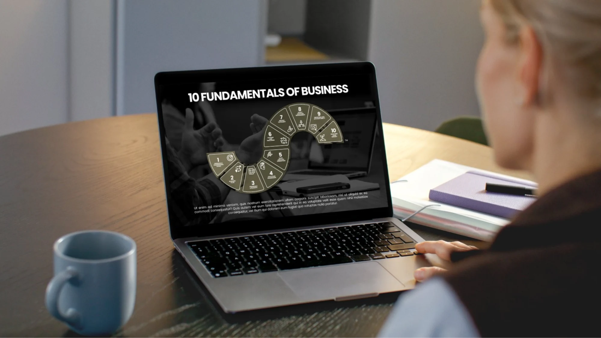 The 10 Fundamentals of Business open on a laptop