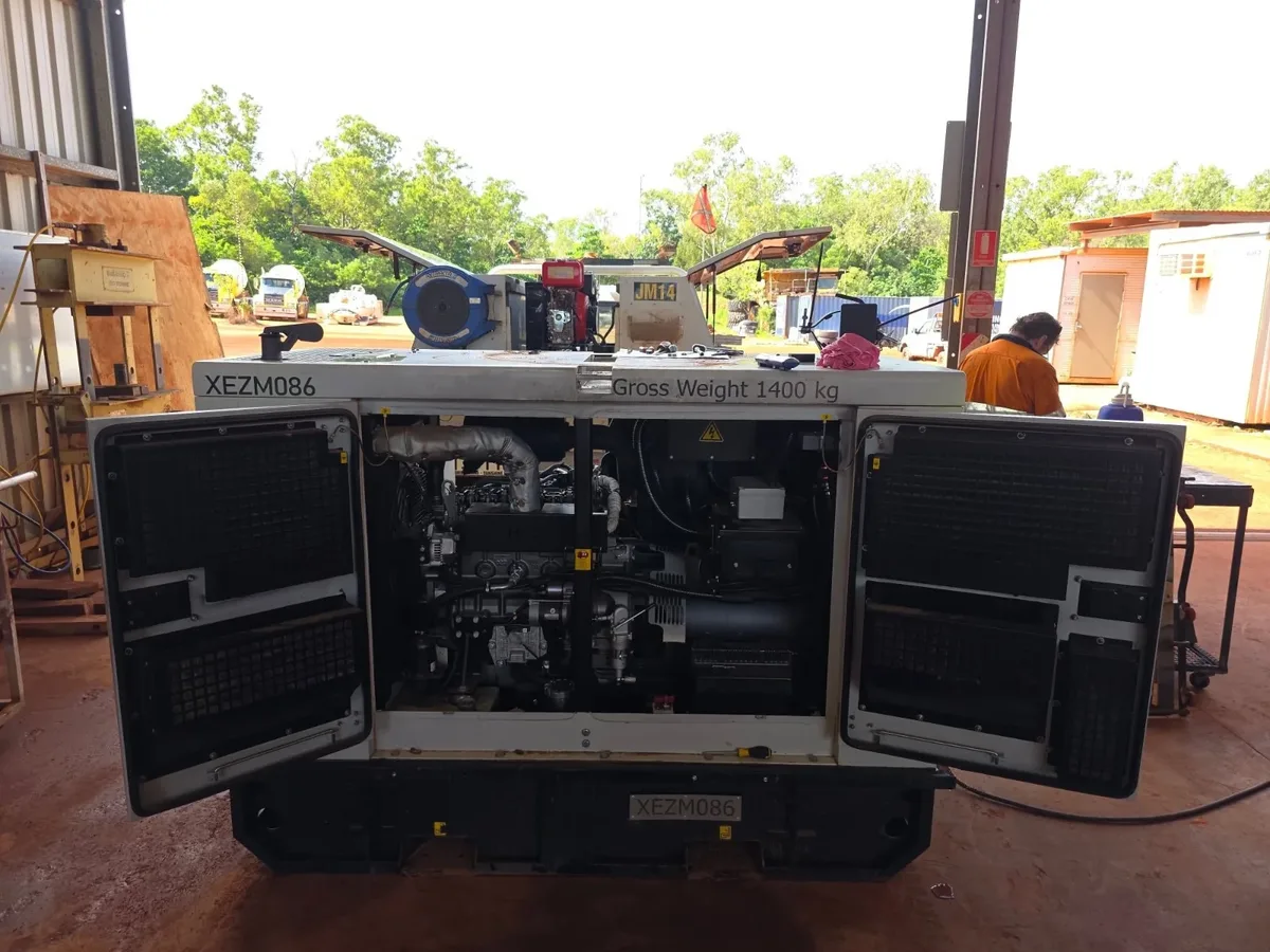 A generator with its side panels open in the yard