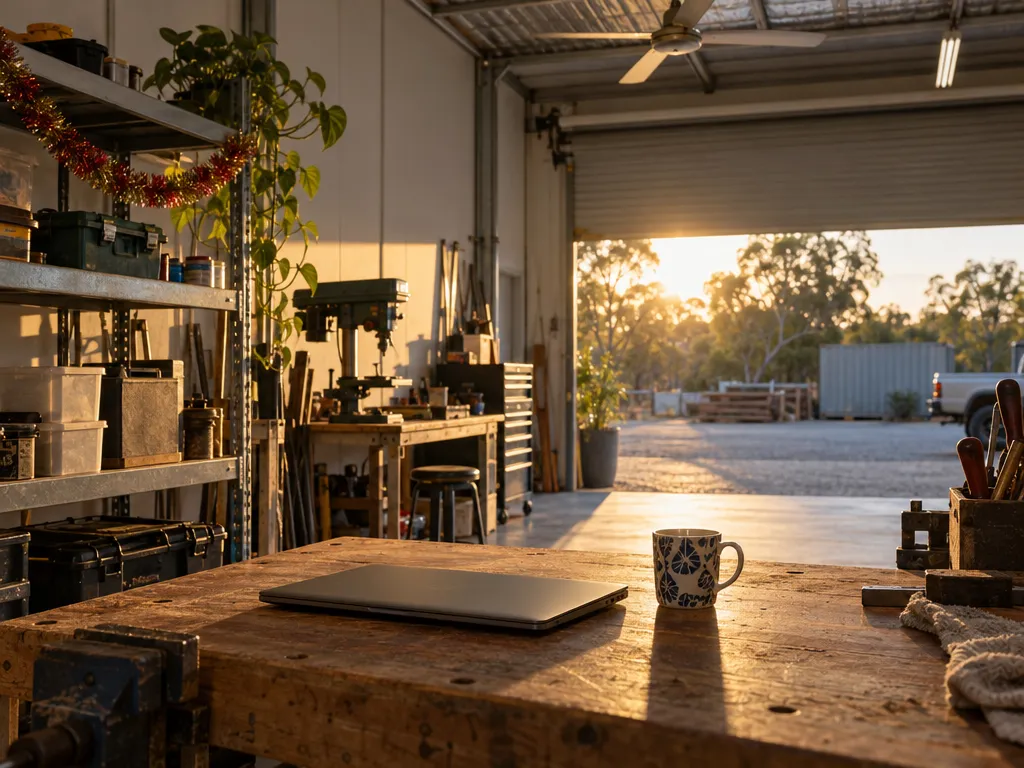 A workshop at the end of an early summer day: an old timber workbench in the foreground with a closed laptop and a blue and white patterned mug on it, steel shelving on the left with a strand of red and gold tinsel along its upper shelf, a drill press and tool drawers beyond, and the roller door raised to a gravel yard with gum trees in low evening sun and a ceiling fan overhead.