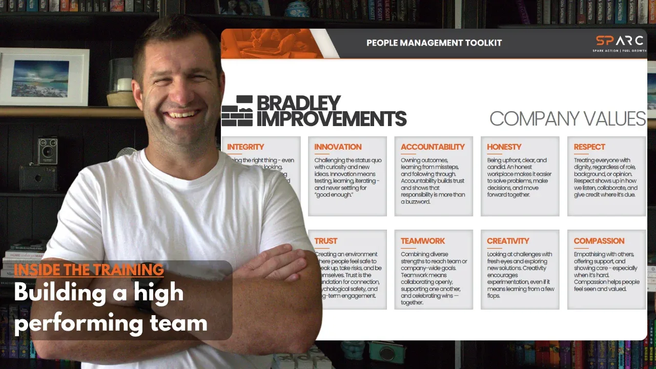 ARC&rsquo;s People & Team training video: a presenter beside a company values page from the People Management Toolkit, captioned Inside the training: Building a high performing team