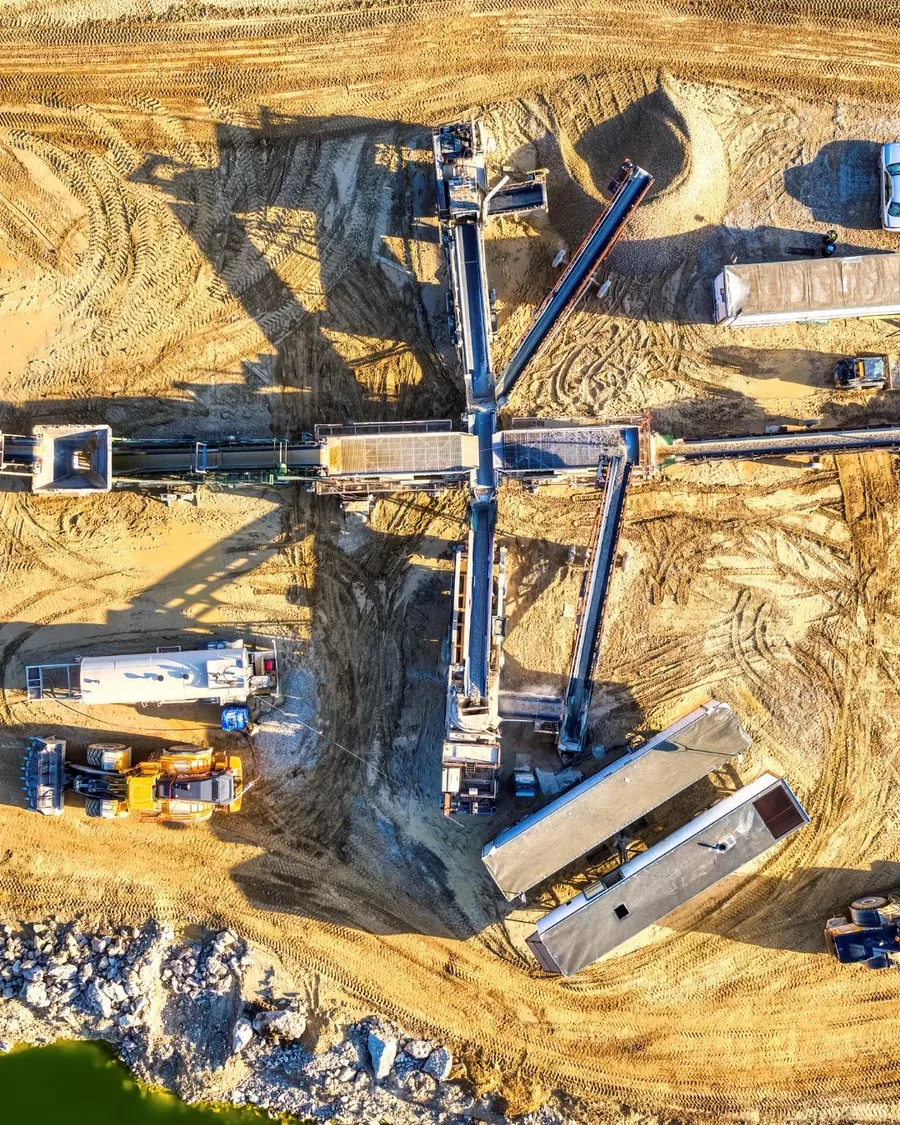 Aerial view of a crushing and screening operation on site