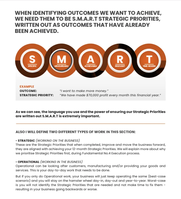 ARC workbook page explaining S.M.A.R.T strategic priorities, with strategic and operational work defined