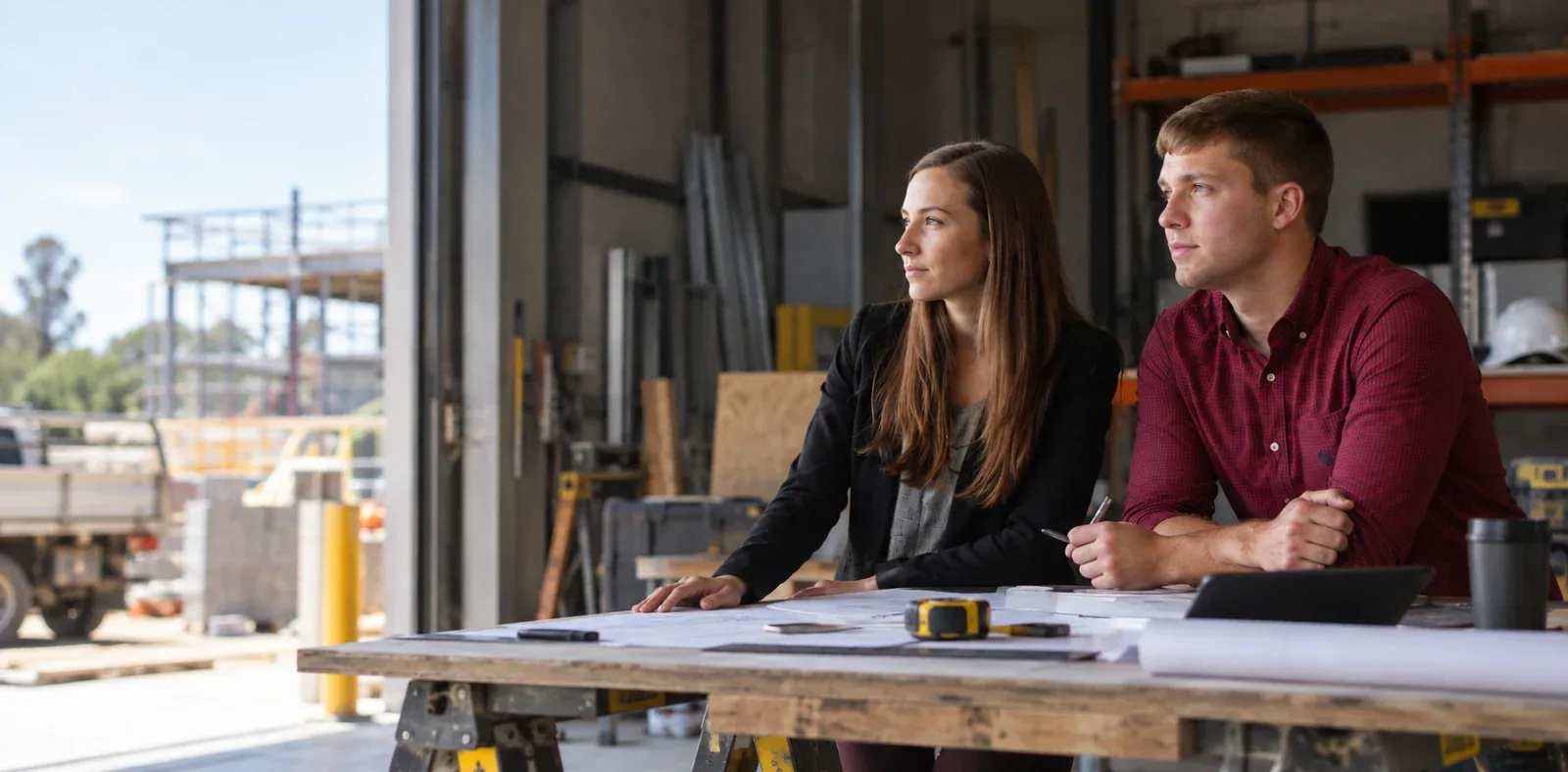 Two people talking business at a table