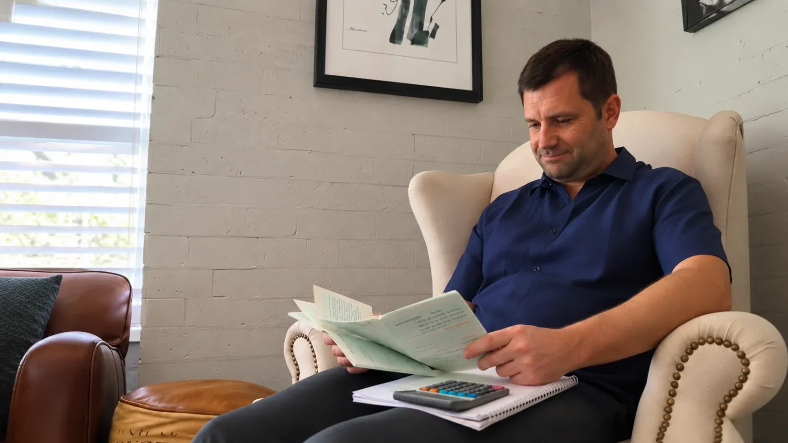 A business owner reading through paperwork in an office armchair