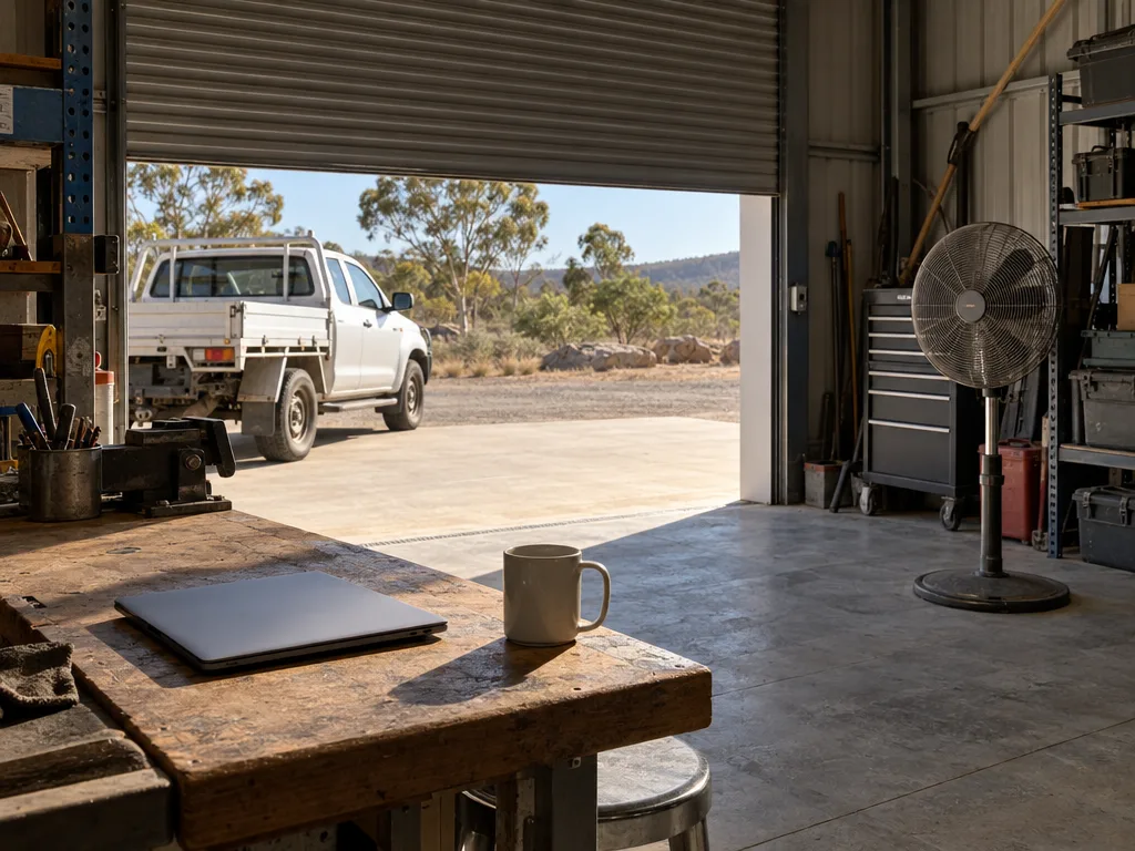 Inside a workshop with the roller door raised: a closed laptop and a white mug on a worn timber workbench, a white ute parked outside on a concrete apron under gum trees, and a pedestal fan standing still on the right.