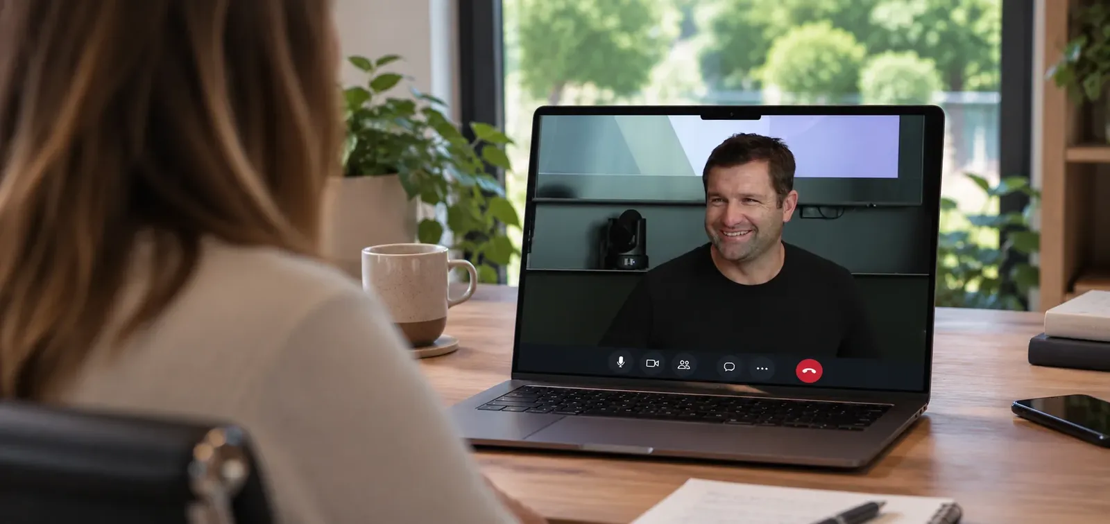 A business owner on a video call with Andrew
